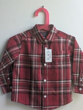 NWT...The Children's Place Red/Black Plaid Button-Up Shirt Size 2T